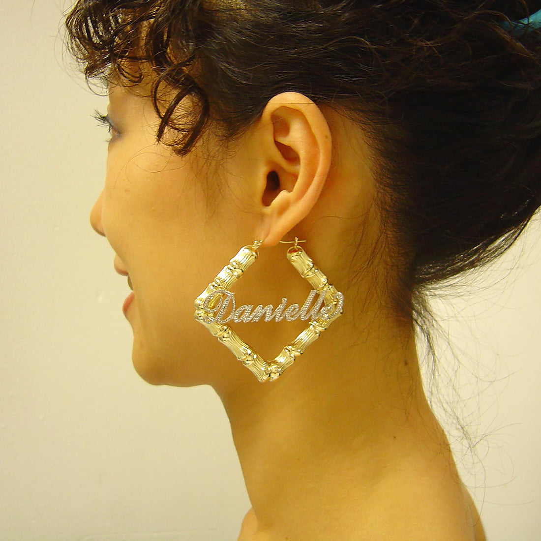 2.5 inch square 10K gold door knocker bamboo name hoop earrings shown on model