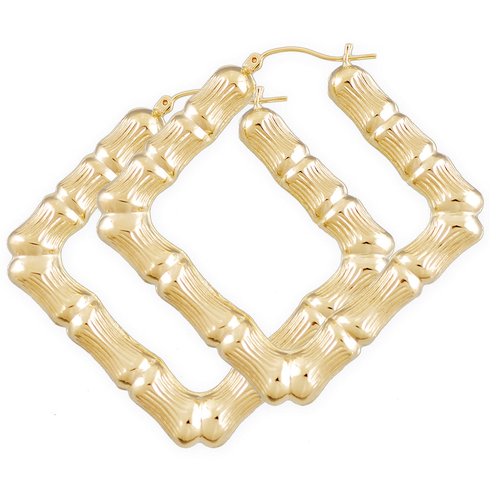 A pair of gold-colored square bamboo hoop earrings with a doorknocker design.
