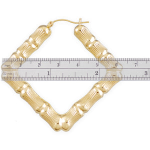 Close-up view of 10K gold square bamboo doorknocker hoop earrings showing texture and hinged snap closure
