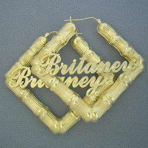 Large 10K real gold square bamboo hoop earrings with personalized diamond-cut nameplate