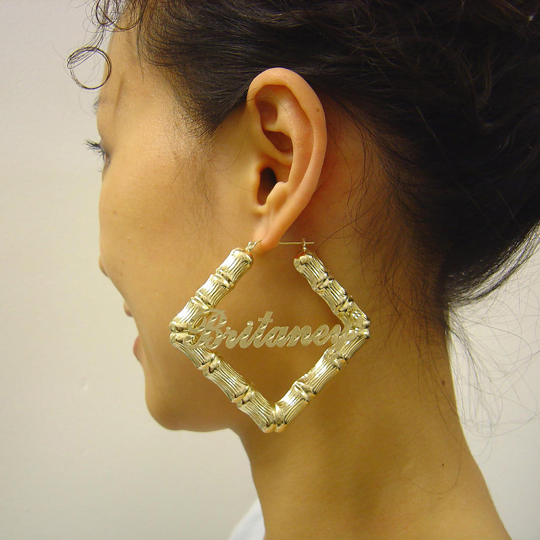 2.75 inch personalized 10K gold square bamboo door knocker nameplate earrings worn