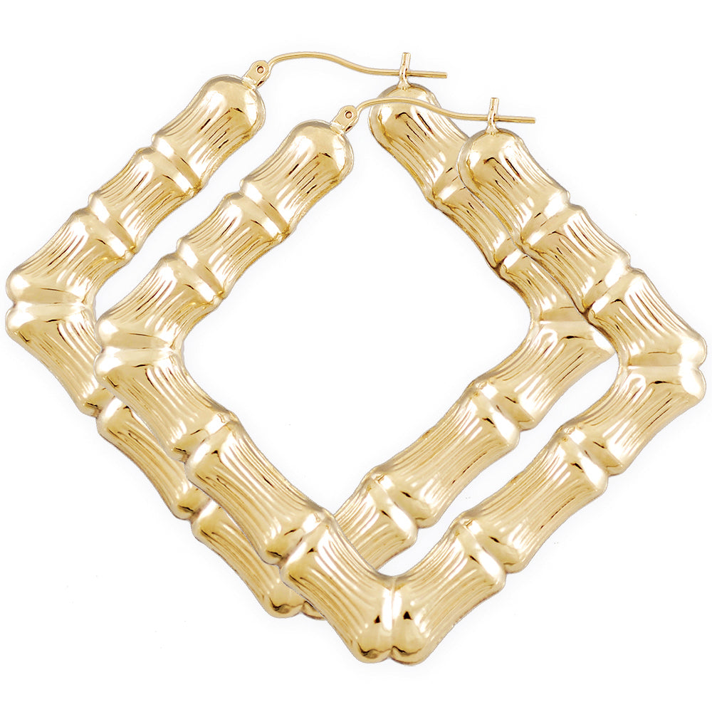 Large 10K real solid gold 2.75 inch square door knocker bamboo hoop earrings