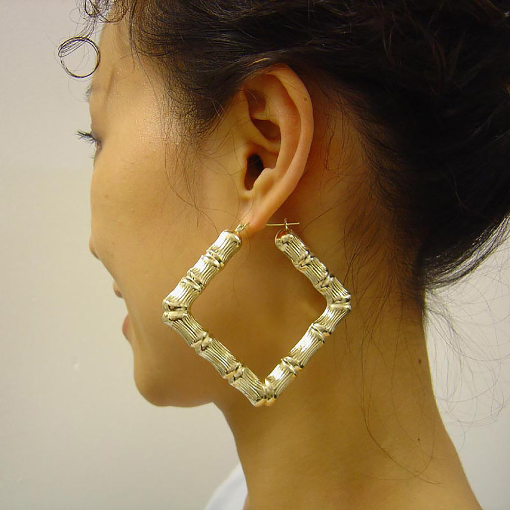 Large 10K Real Gold Square DoorKnocker Bamboo Hoop Earrings 2.75 Inches Wide.