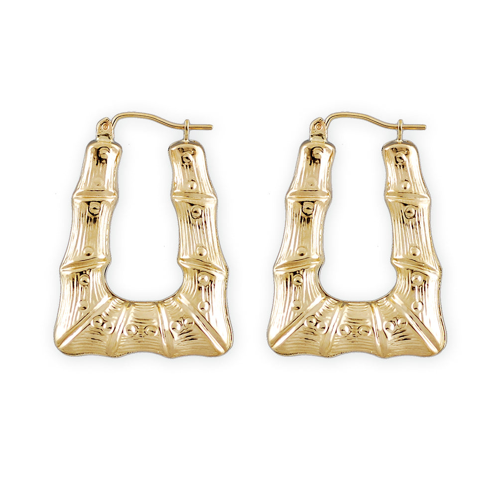 10K real yellow gold 1-inch rectangular bamboo doorknocker hoop earrings with clip closure