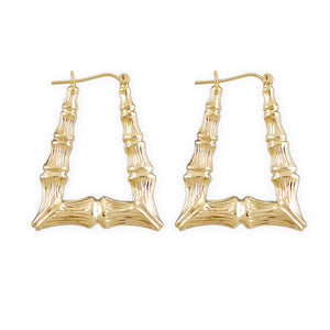 Pair of 10K yellow gold rectangular bamboo doorknocker hoop earrings, 1.25 inches wide, on a white background.