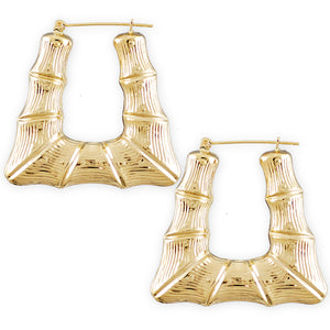 10K yellow gold square bamboo doorknocker hoop earrings 1.5 inch