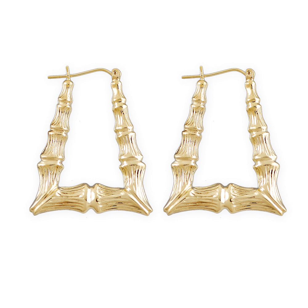 Pair of 10K yellow gold rectangular bamboo doorknocker hoop earrings, 1.25 inches wide, on a white background.
