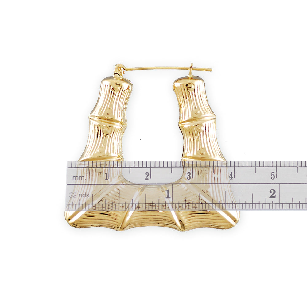1.5 inch width and height measurement of 10K gold rectangular bamboo hoop earrings