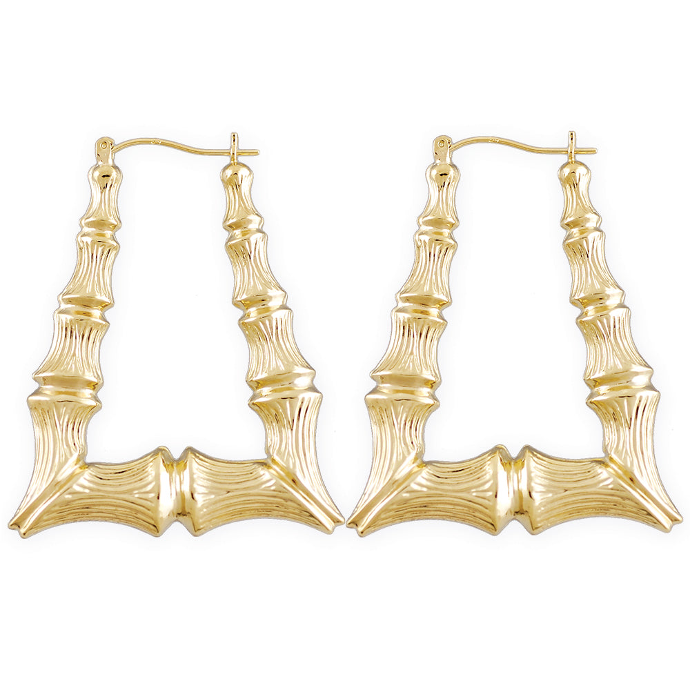 10K Real Gold Rectangle Doorknocker Bamboo Hoop Hollow Earrings 1.5 Inches Wide
