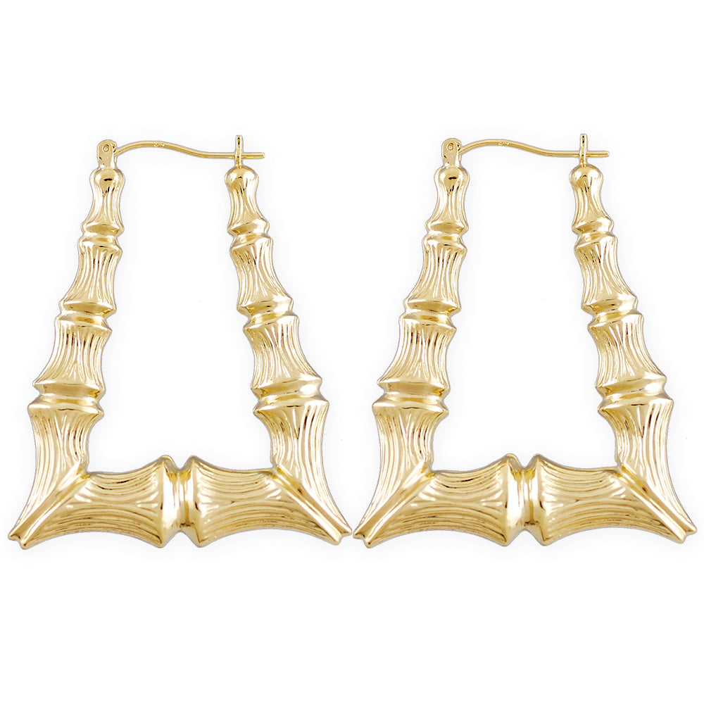 10k real yellow gold rectangle bamboo doorknocker hoop earrings 1.5 inches