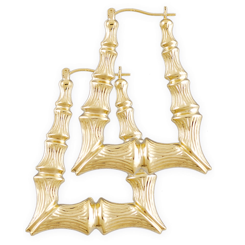 Pair of 10K solid gold 1.75 inch rectangular bamboo hoop earrings in 80s doorknocker style