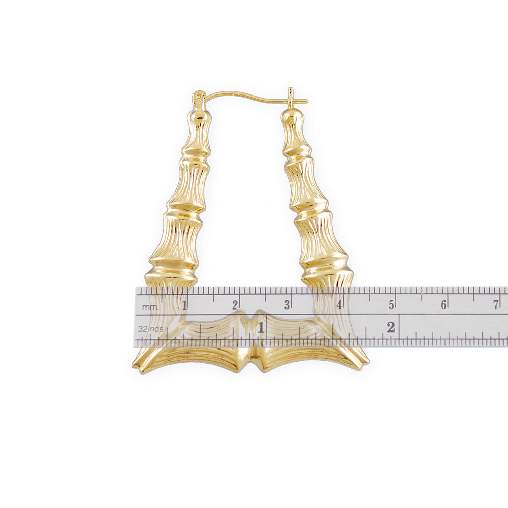 Real 10K Gold Rectangular Shape Bamboo Hoop Hollow Earrings 1.75 Inches.