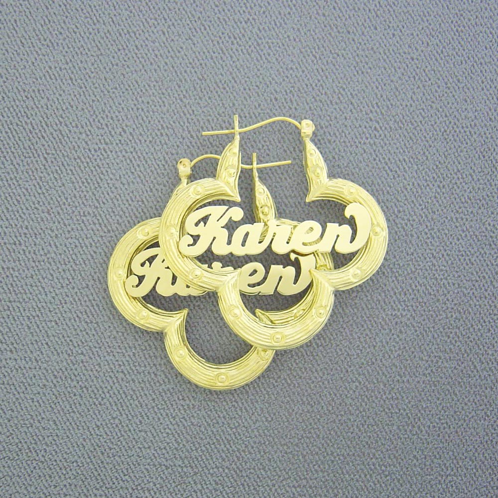 Personalized 10K real yellow gold flower-shape bamboo name hoop earrings, 1.5 inch door knocker