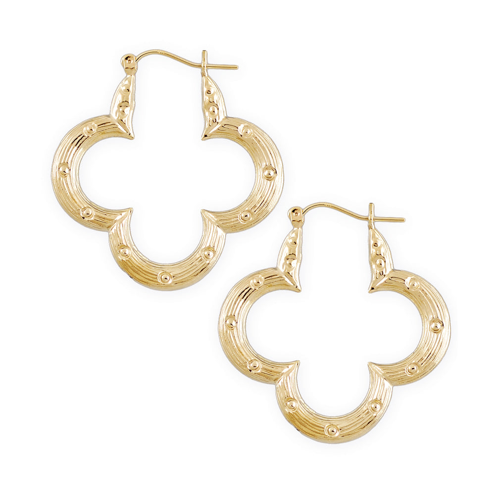 10K yellow gold flower bamboo hoop earrings 1.5 inch hollow door knockers
