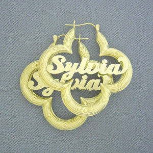 10K yellow gold floral flower-shaped bamboo hoop earrings with custom cursive nameplate script (2 inch)