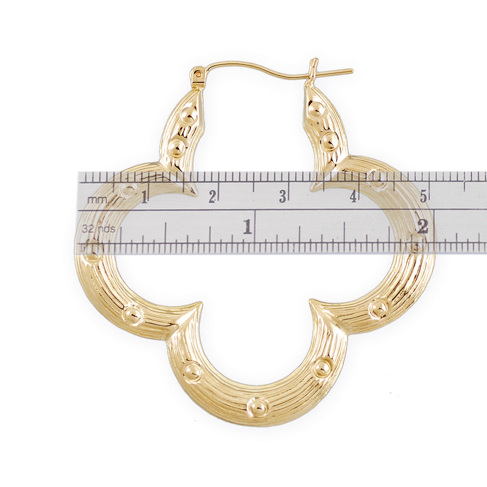 10K Real Gold Flower Shape Bamboo Hoop Earrings 2 Inches Wide Fine Jewelry