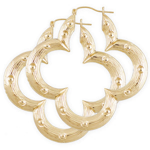10K yellow gold flower bamboo hoop earring hinged snap closure