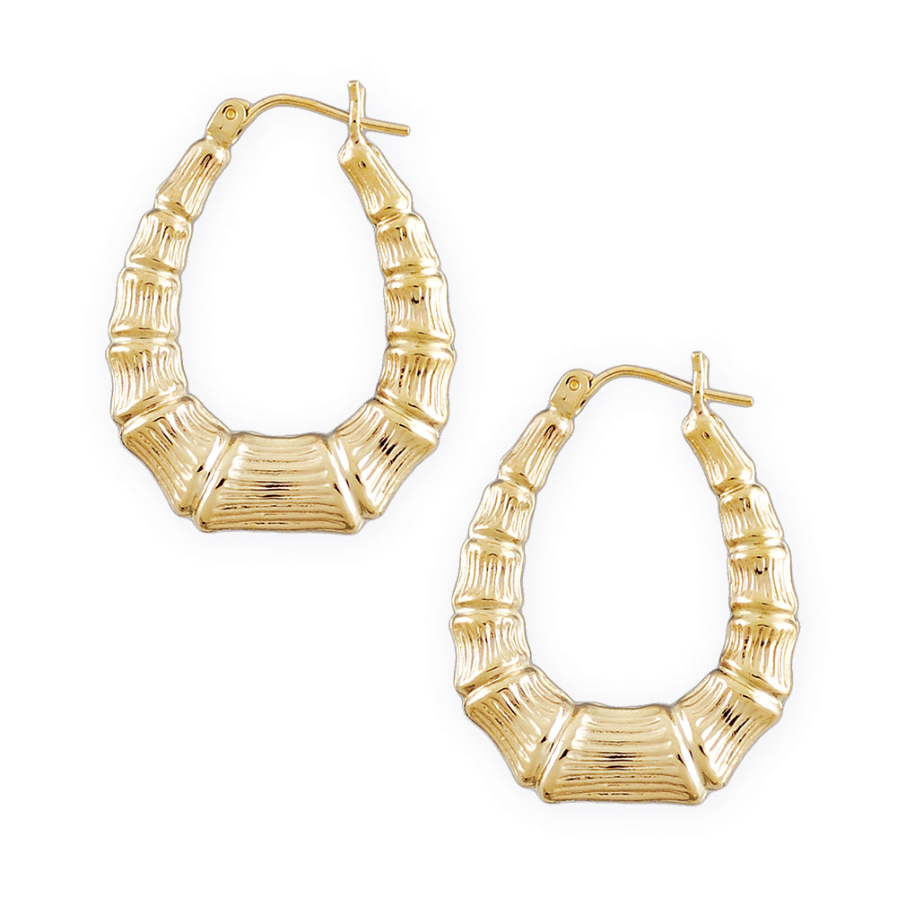 Small 10K Yellow Gold Oval Bamboo Hoop Earrings 1 Inch