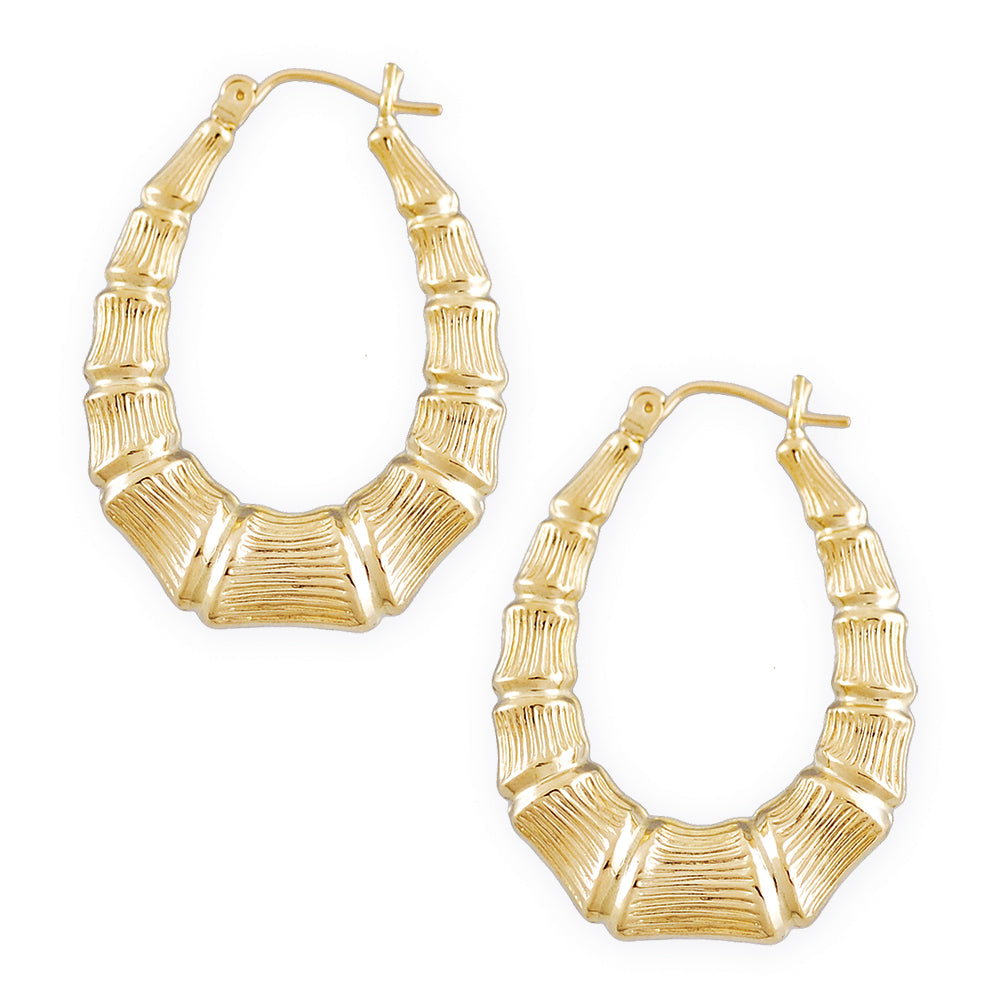 10K yellow gold oval bamboo hoop earrings 1 inch wide