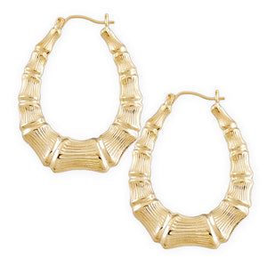 Solid 10K yellow gold oval bamboo hoop earrings, 1.25 inches wide
