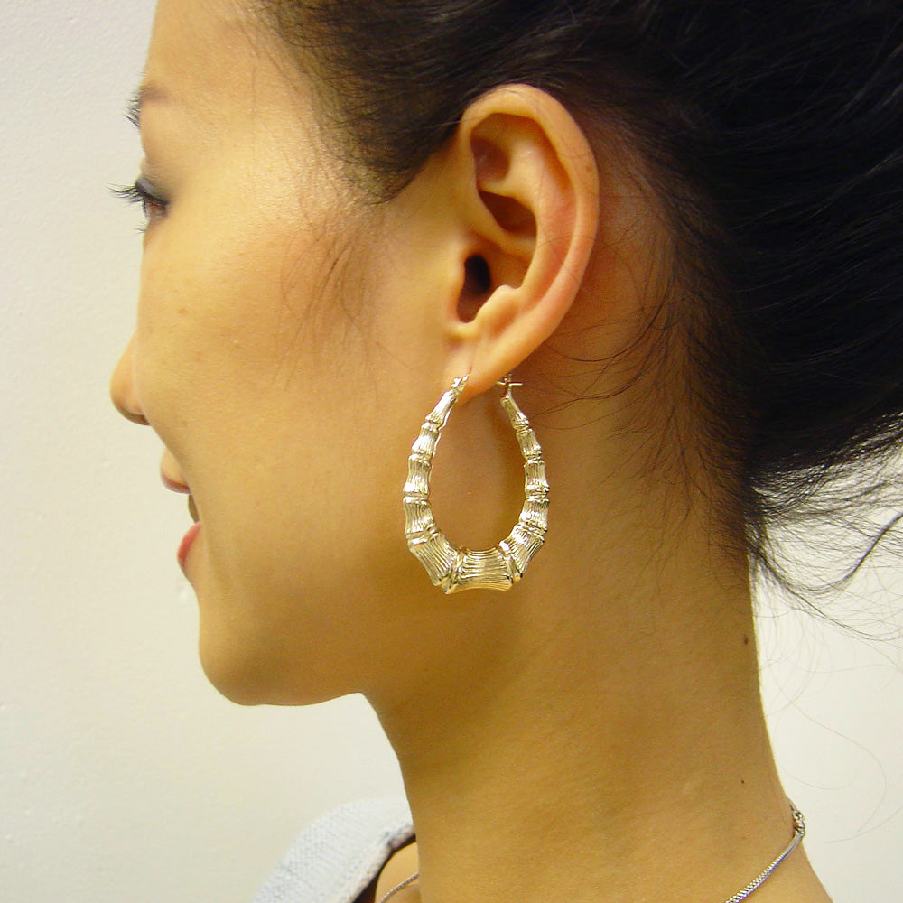 10k Real Gold Oval Shape Drop Down Bamboo Earrings Jewelry 1.25 Inch Wide Fine Jewelry