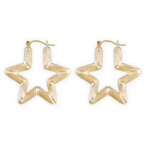 10K yellow gold star bamboo hoop earrings pair - 1.3 inch