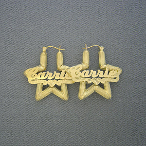 10K solid yellow gold star bamboo personalized name hoop earrings with heart underline