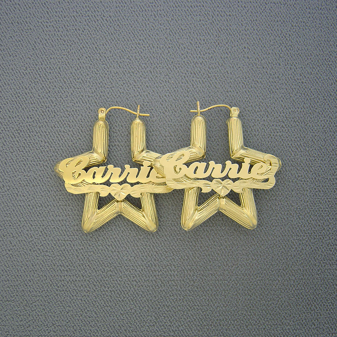 10K solid yellow gold star bamboo personalized name hoop earrings with heart underline