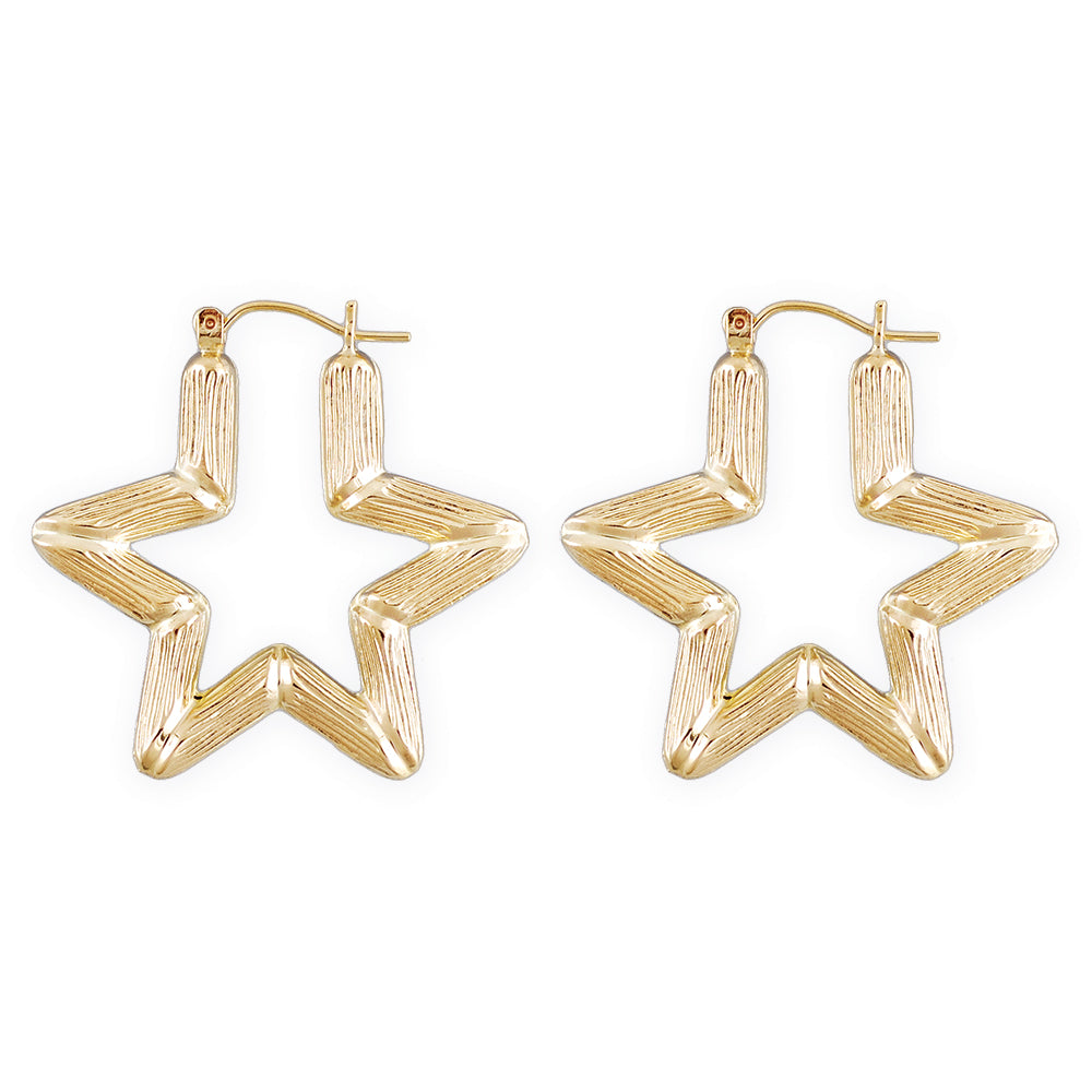 10K yellow gold star bamboo hoop earrings pair - 1.3 inch