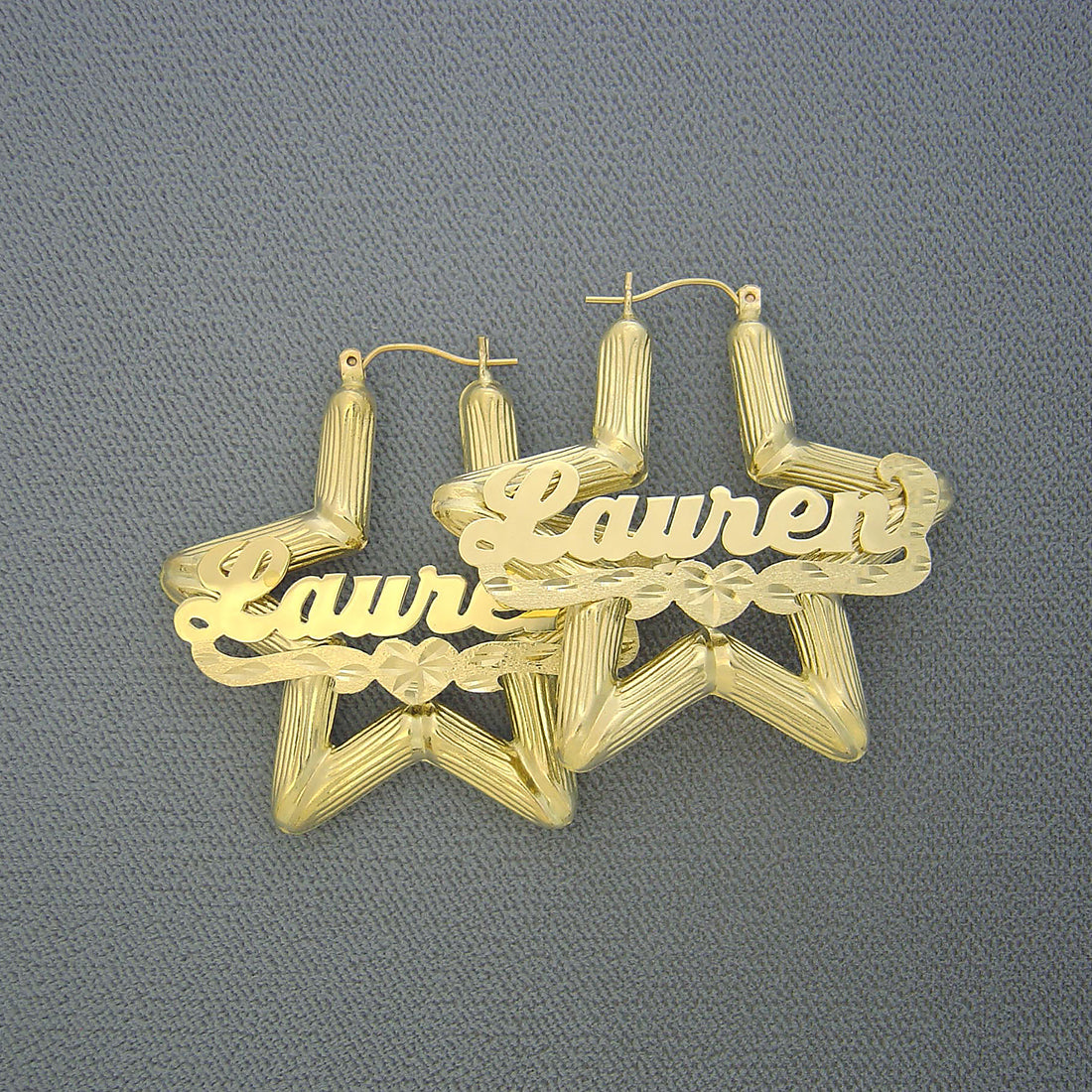 10K yellow gold star bamboo personalized name earrings 1.75 inch with diamond cut heart