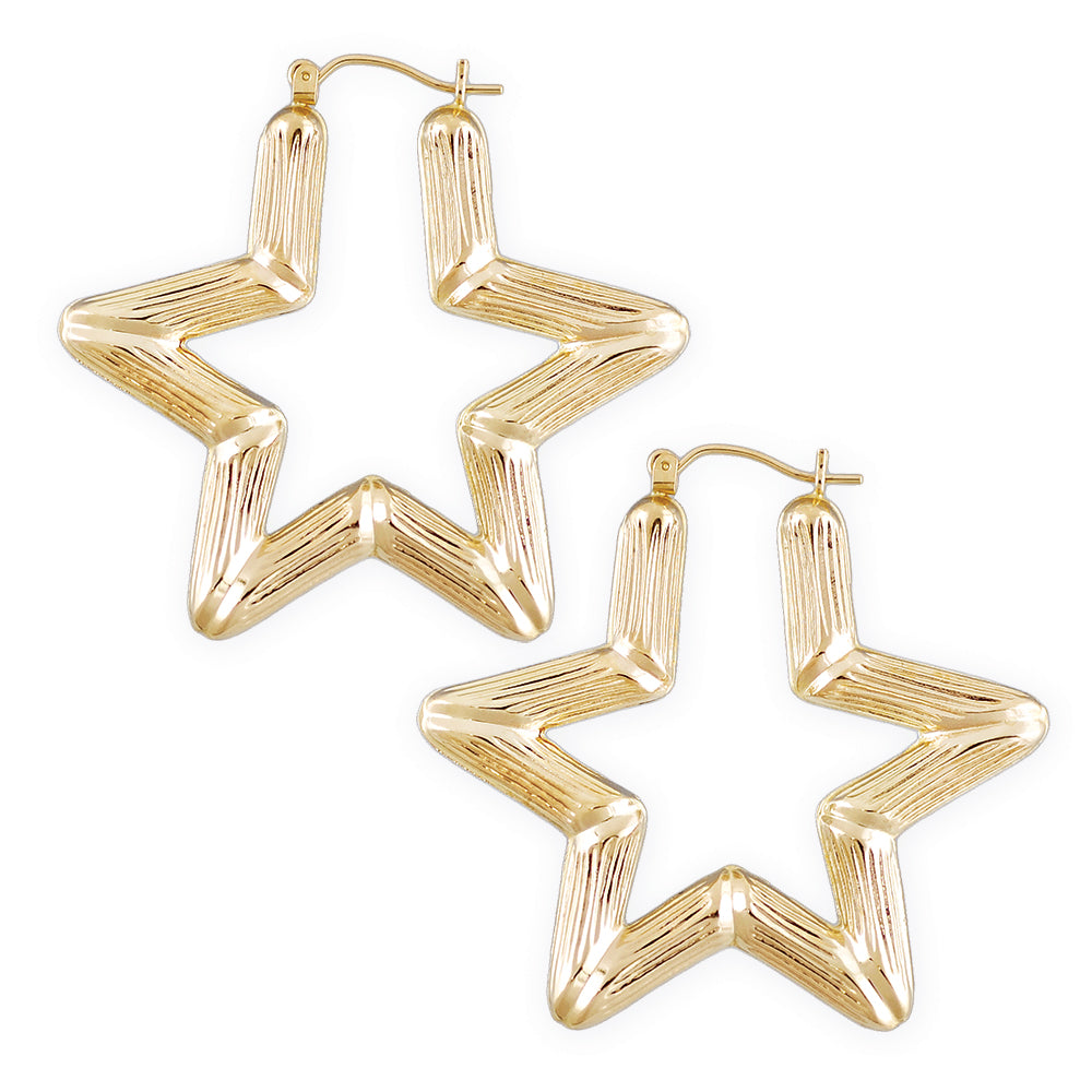 10K yellow gold star bamboo door knocker hoop earrings 1.75 inch