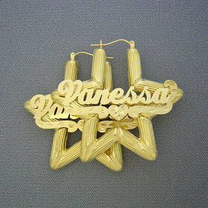 10K solid yellow gold star bamboo personalized name hoop earrings 2.1 inch door knocker style
