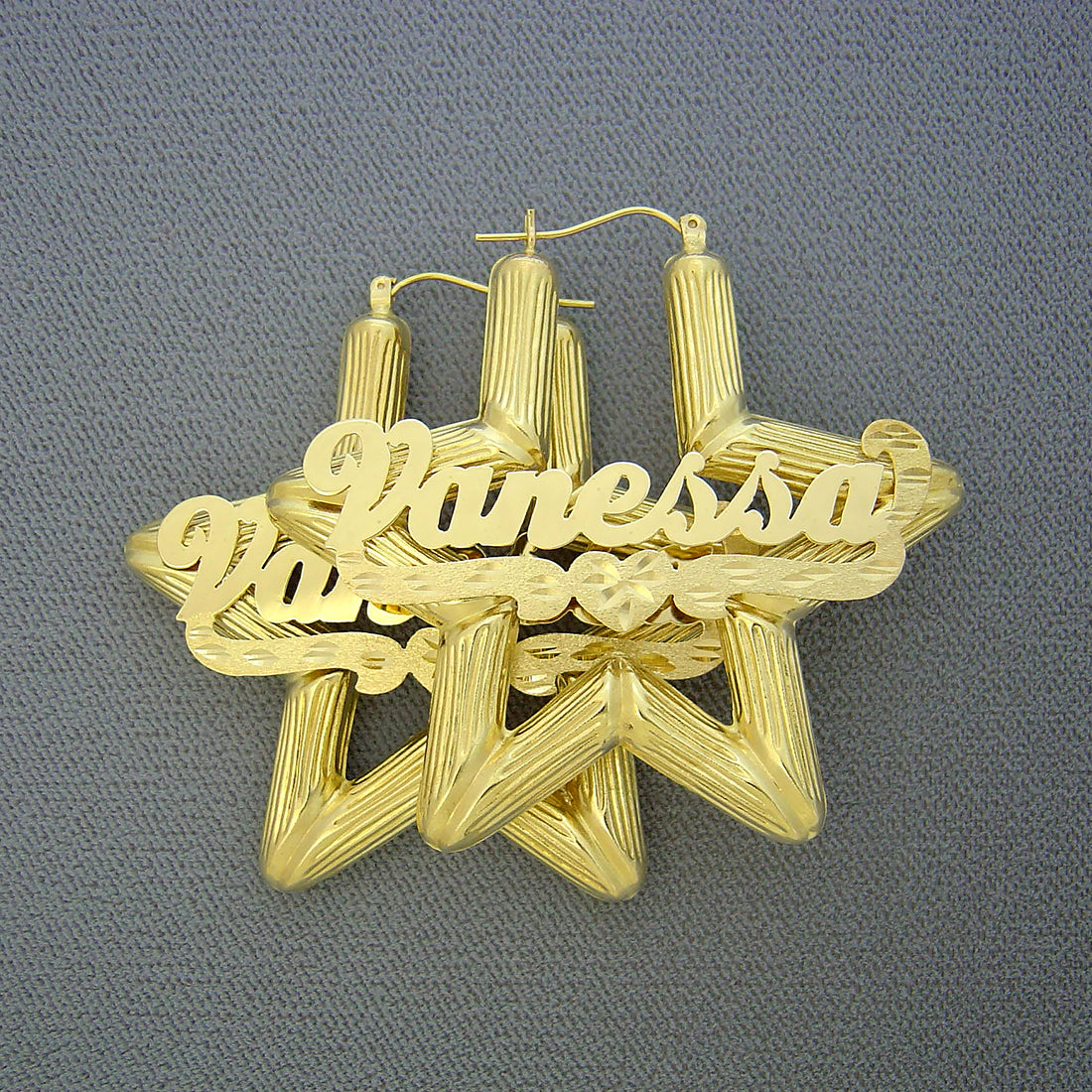 10K solid yellow gold star bamboo personalized name hoop earrings 2.1 inch door knocker style