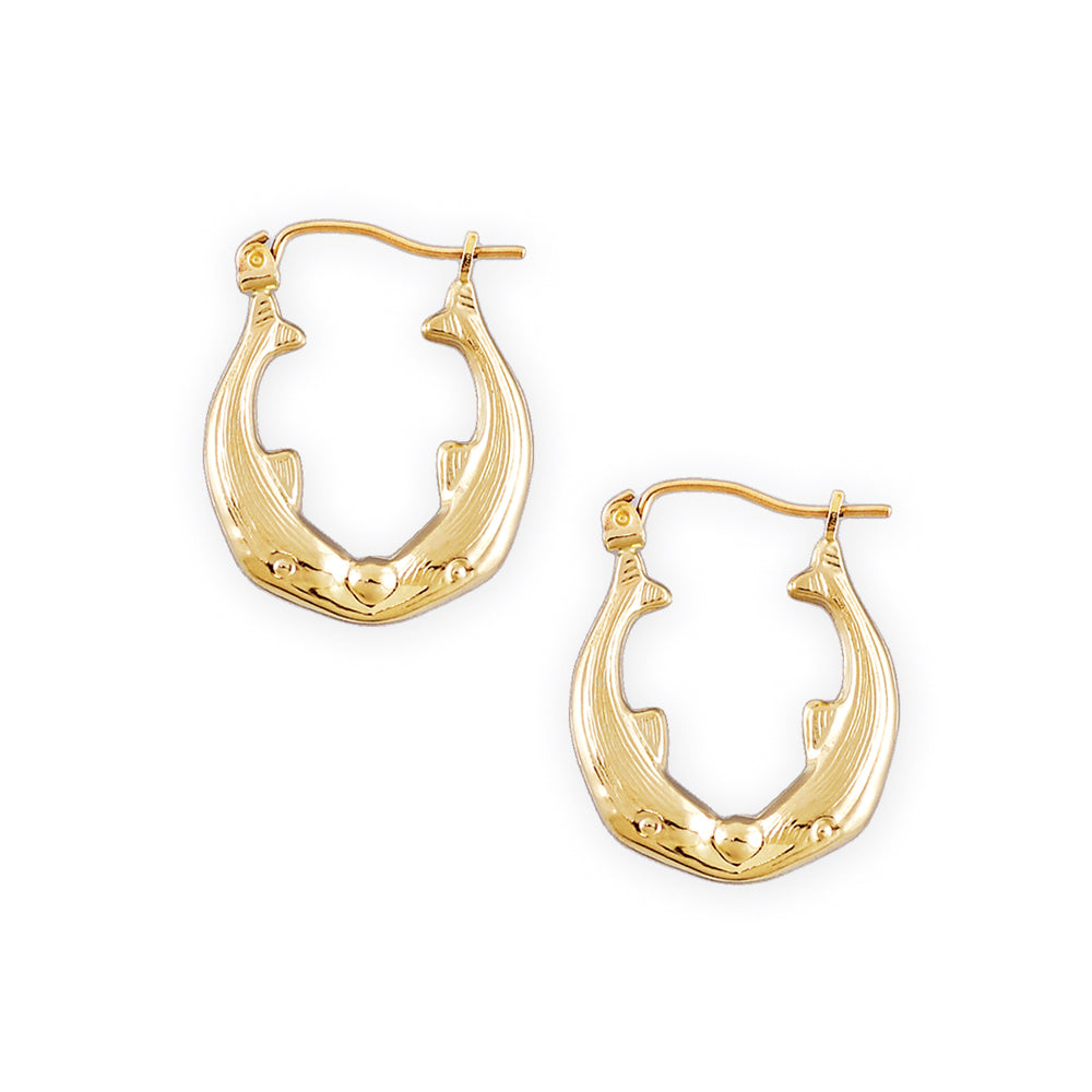 Pair of 10K yellow gold small 2-dolphin door knocker hoop earrings (0.75 inch)