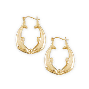 Pair of 10k yellow gold 2-dolphin door knocker hoop earrings (7/8 inch wide)