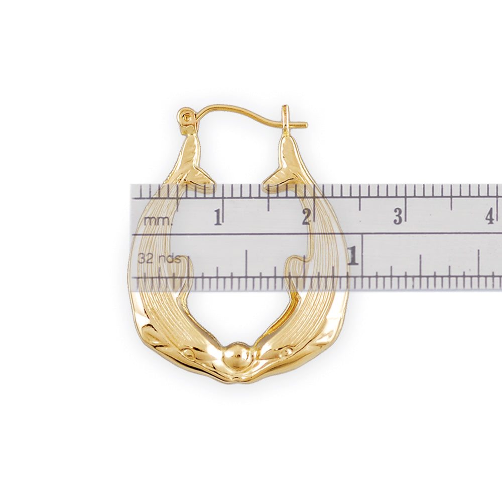 Close-up of 10k gold dolphin door knocker hoop earring showing secure clip snap-bar closure