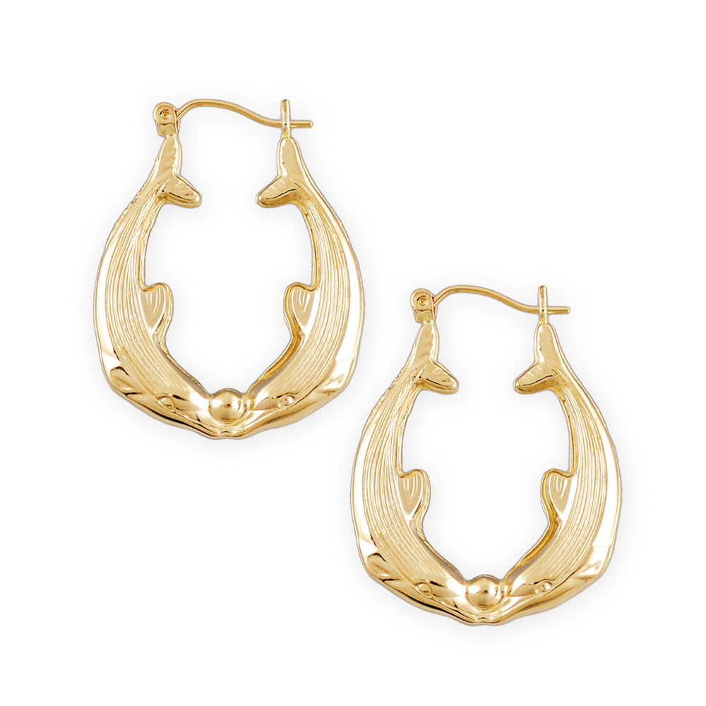 10k Real Gold 2 Dolphins Door Knocker Bamboo Earrings (1.1" Wide)