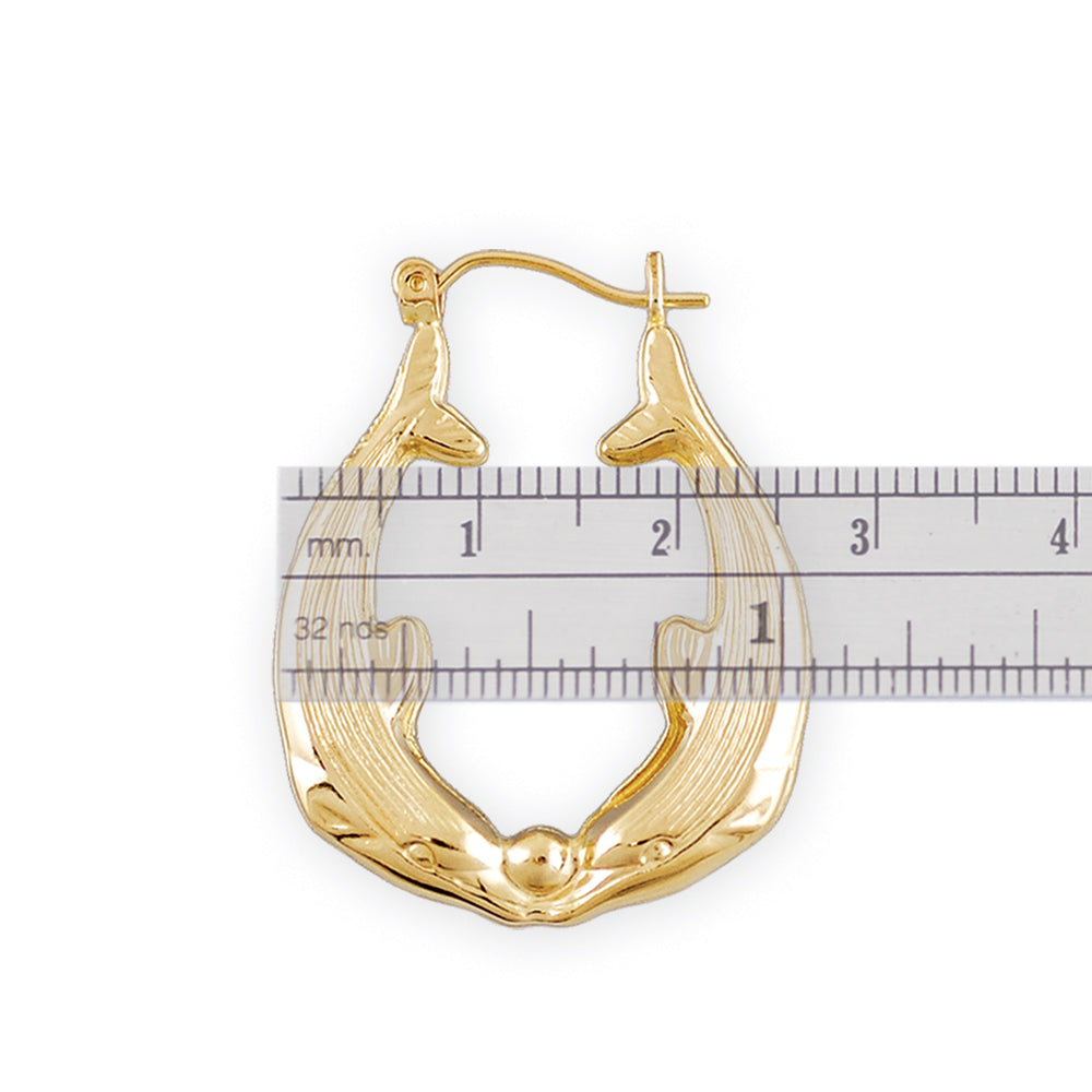 10k Real Gold 2 Dolphins Door Knocker Bamboo Earrings (1.1" Wide)