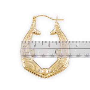 Close-up of high-polished 10K real gold dolphin door knocker earring with hinged snap closure