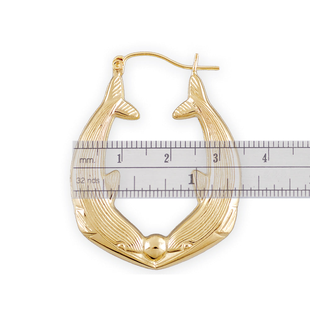 Close-up of high-polished 10K real gold dolphin door knocker earring with hinged snap closure