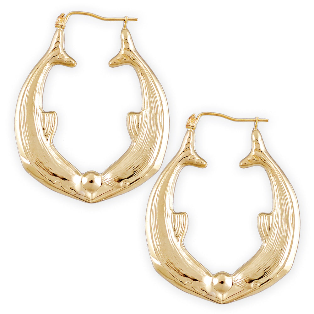 10K real yellow gold two dolphins bamboo door knocker hoop earrings 1.5 inch wide