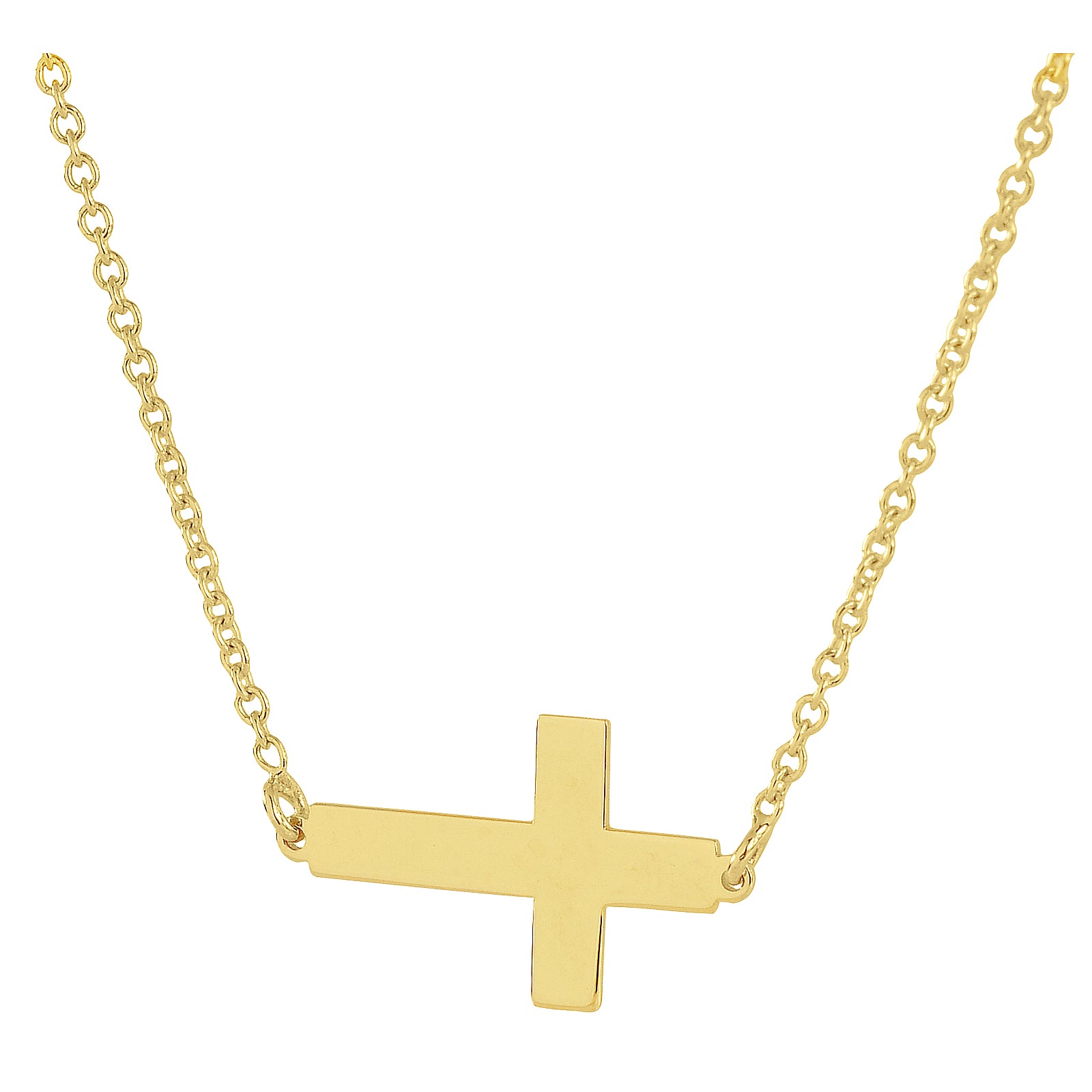 Minimalist 14k horizontal solid gold cross pendant close up