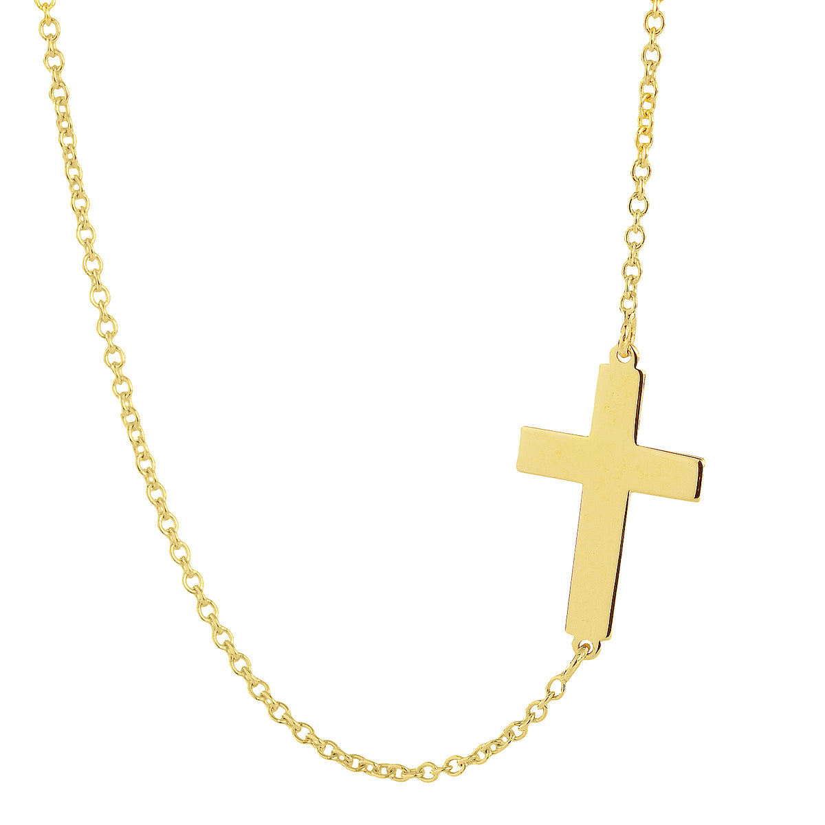 10k yellow gold sideways cross necklace on sturdy rolo chain
