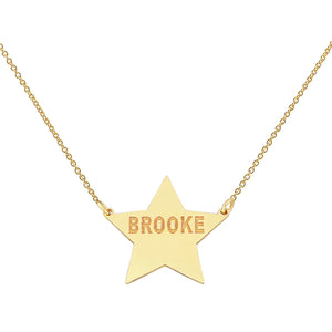 Personalized 14K yellow gold star charm necklace with custom laser-engraved name