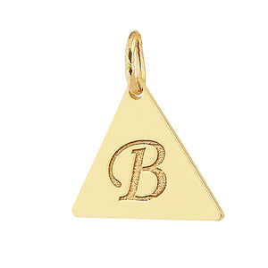 Solid yellow gold triangle initial necklace engraved with letter B