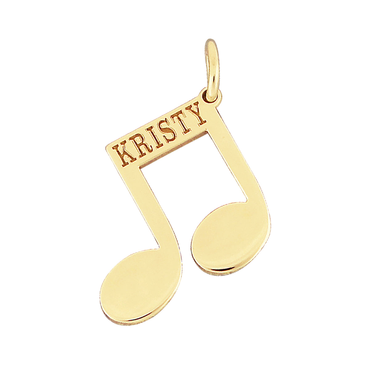 Personalized solid gold music note pendant engraved with custom name KRISTY