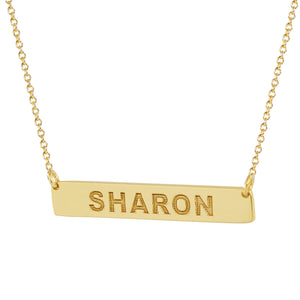 Custom engraved 10k solid gold extra small horizontal bar necklace with SHARON name engraving