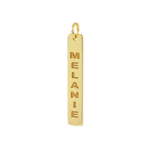 Custom engraved 10k solid gold vertical name bar pendant with vertical block lettering
