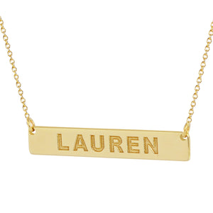 Solid 14k yellow gold personalized bar necklace custom deep laser engraved with the name LAUREN