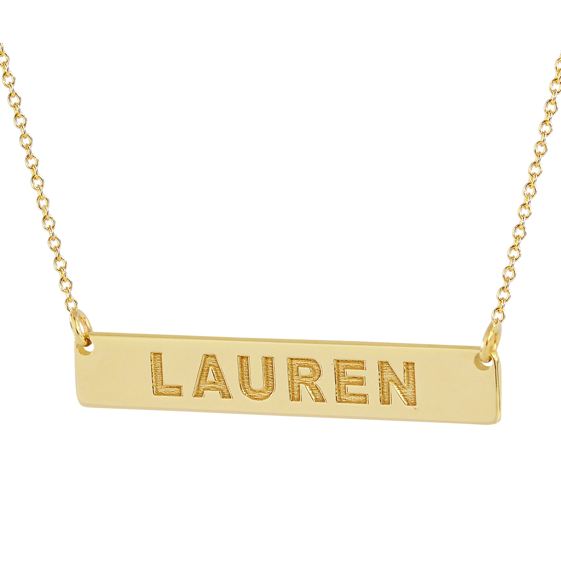 Solid 14k yellow gold personalized bar necklace custom deep laser engraved with the name LAUREN